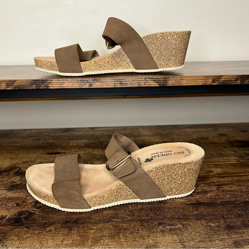 Bio‎ Green Cork Wedge Brown Leather Double Strap Made in Spain women's 40 8.5